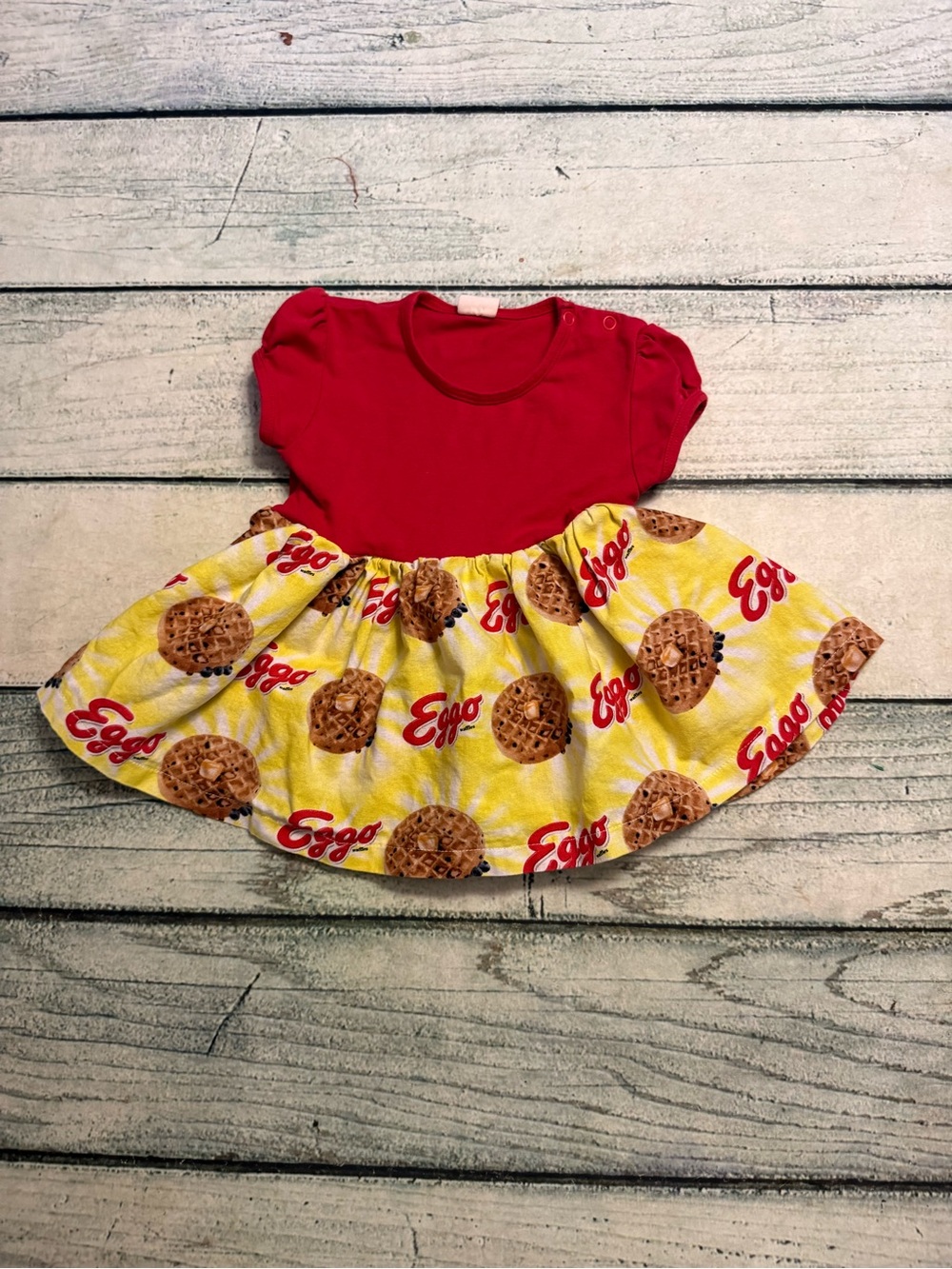 Handmade yellow and red eggo waffle baby dress. 12 months.